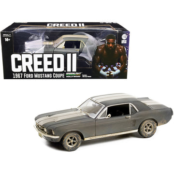 1967 Ford Mustang Coupe Matt Black with White Stripes (Weathered) (Adonis Creed's) "Creed II" (2018) Movie 1/18 Diecast Model Car by Greenlight