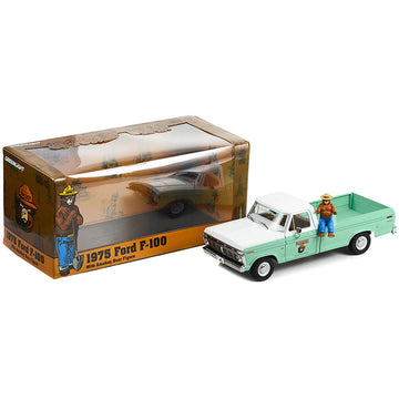 1975 Ford F-100 Pickup Truck Forest Service Green and White with Smokey Bear Figure "Only You Can Prevent Forest Fires" 1/18 Diecast Model Car by Greenlight