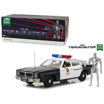 1977 Dodge Monaco Metropolitan Police with T-800 Endoskeleton Figurine "The Terminator" (1984) Movie 1/18 Diecast Model Car by Greenlight