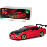 1999 Nissan Skyline GT-R (BNR34) RHD (Right Hand Drive) Red with Black Hood and Gold Wheels with Neon LED Light Underglow 1/18 Diecast Model Car by Greenlight