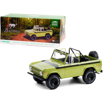 1975 Ford Bronco Sport Medium Green Glow with Black Stripes and Sunraysia Wheels 1/18 Diecast Model Car by Greenlight