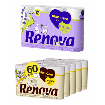 Renova Skincare Multi Pack Toilet Rolls - Soft 3 Ply Quilted Lavender Scent Tissues  150 Super-Soft Perfumed Luxurious Sheets per Roll